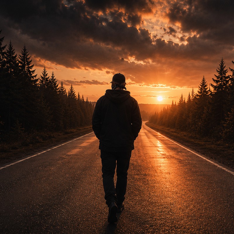 A lone figure walking down a road